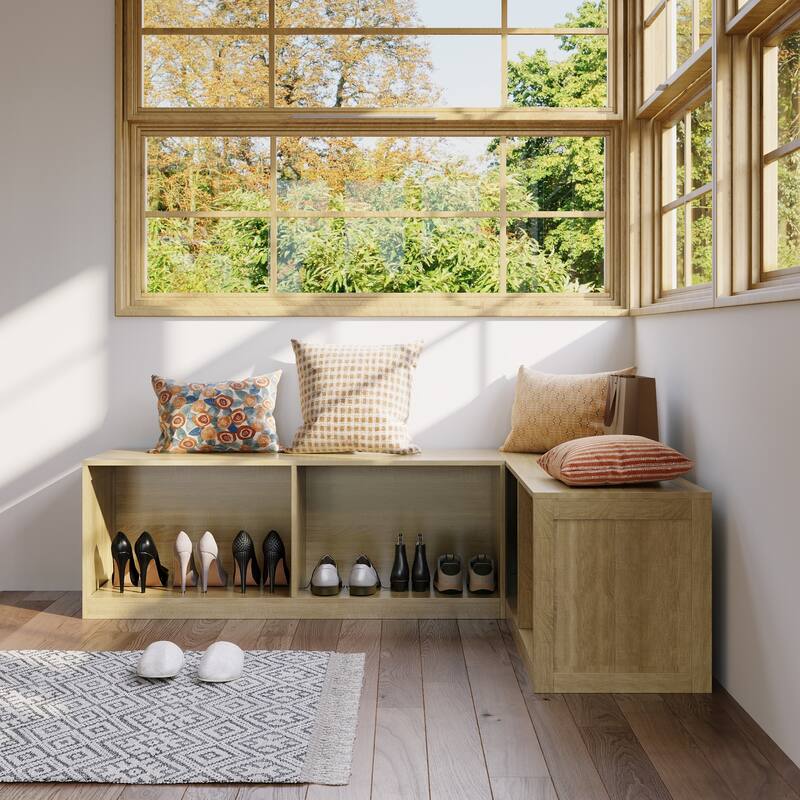 L-Shaped Entryway Bench with Open Shoe Storage, Corner Mudroom Organizer Seating, Wooden Hallway Storage Bench