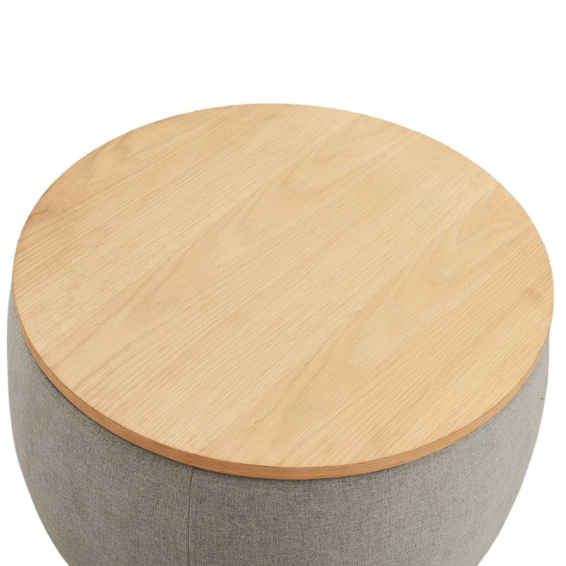 HomeRoots 26" Gray and Natural Fabric And Wood Reversible Tray Top Round Storage Ottoman