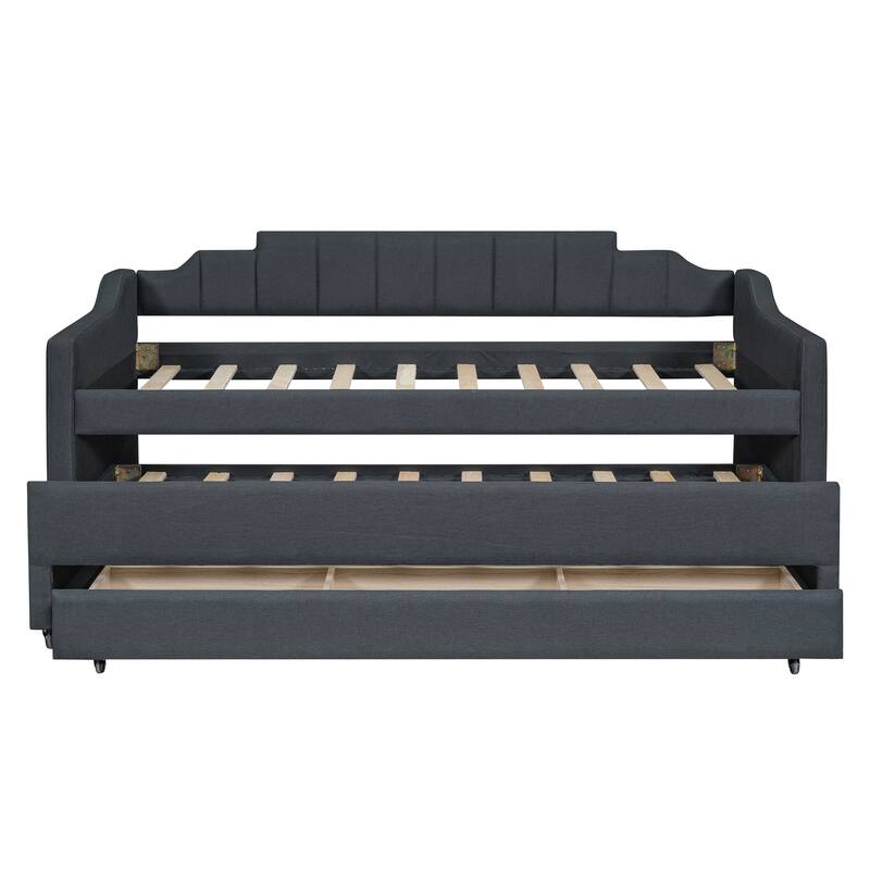 Twin Size Upholstered Daybed with Trundle and Three Drawers in Grey