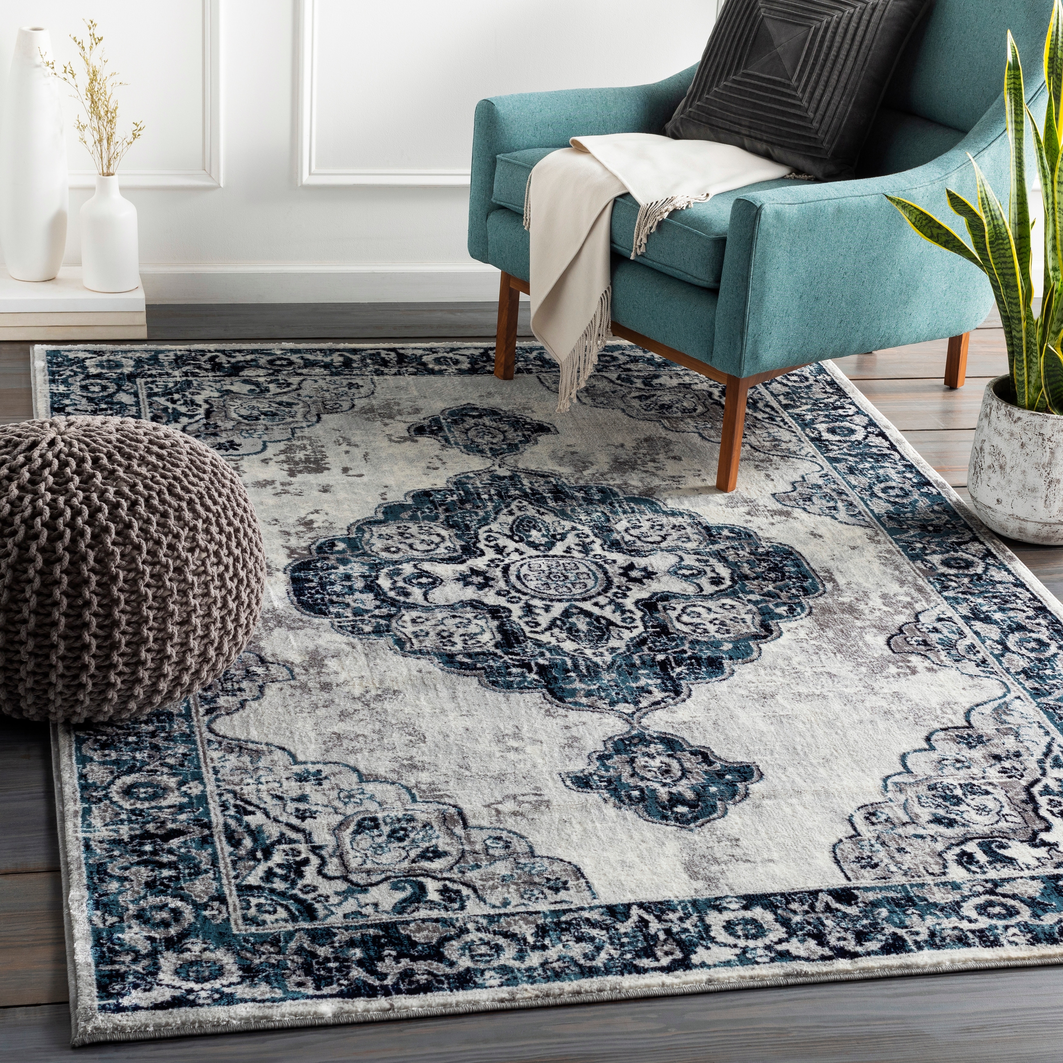 Hauteloom Liverpool Living Room, Bedroom Area Rug - Contemporary - Colorful - 5'3 x 7' - Blue, Grey, Off White