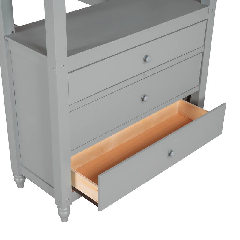 Wood Loft Bed Twin Size, Twin High Bed Frame w/Built-in Desk & Drawers