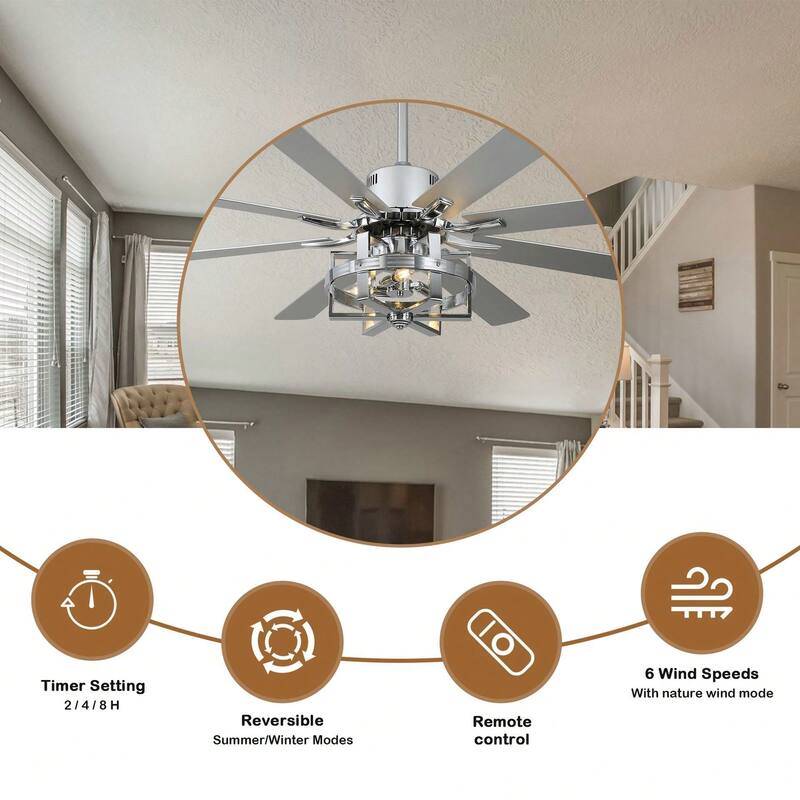 Cusp Barn 65in. Industrial Large Caged Ceiling Fan with Light, Quiet DC Motor 6-speed Reversible 8-Blade Ceiling Fan for Bedroom