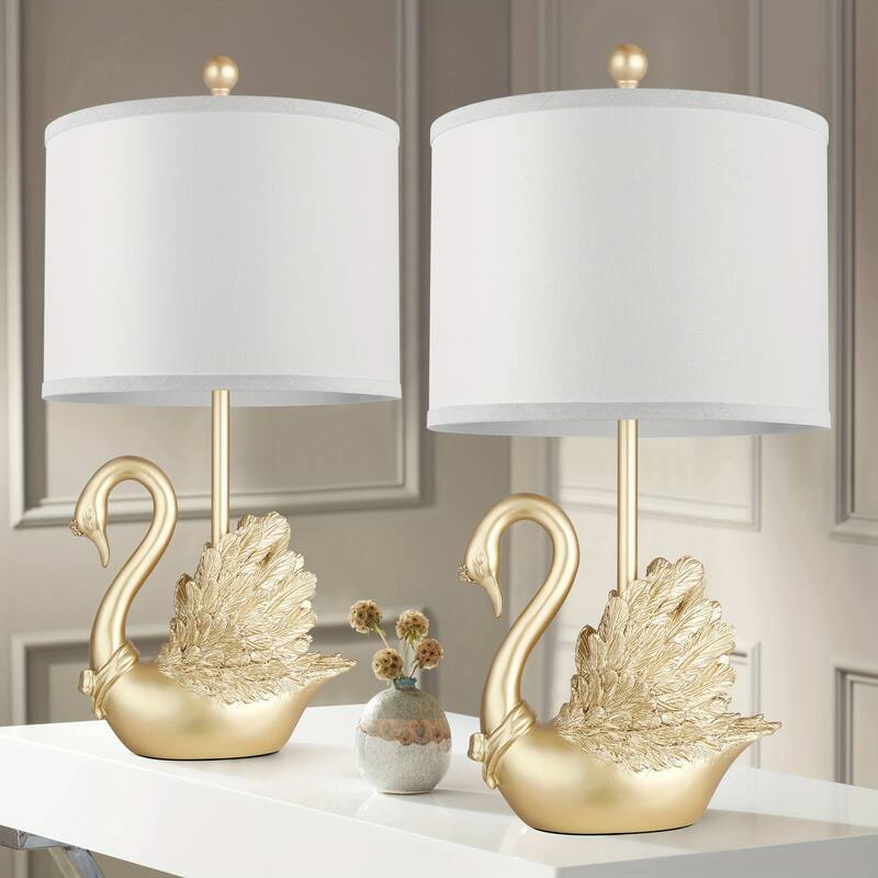 Two-piece Set of Table Lamps: Golden Brass Swan Table Lamps with LED Bulbs For contemporary bedroom or living room - Golden