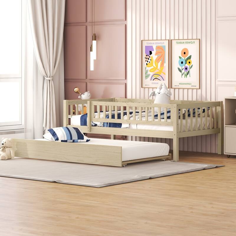 Twin Size Wooden Daybed with Trundle and Fence Guardrails, Space-Saving Design