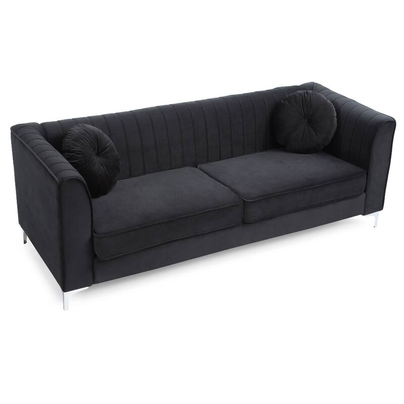 Channel Tufted Velvet 2-Seater Sofa with Throw Pillows - 87" - Black
