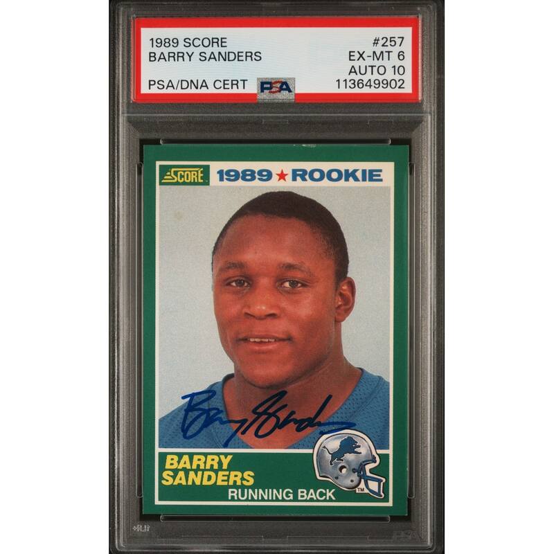 Barry Sanders 1989 Score Signed Football Rookie Card #257 Graded PSA 6 Auto 10 - 8' x 11'