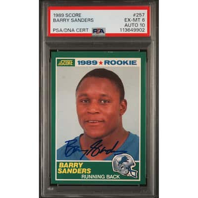 Barry Sanders 1989 Score Signed Football Rookie Card #257 Graded PSA 6 Auto 10 - 8' x 11'