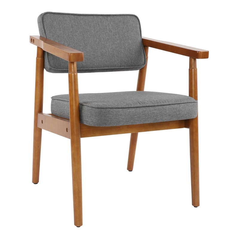 Walnut Faux Leather or Linen-Like Fabric Upholstered Dining Chair - Padded Armchair with Solid Wood Frame & Open Back