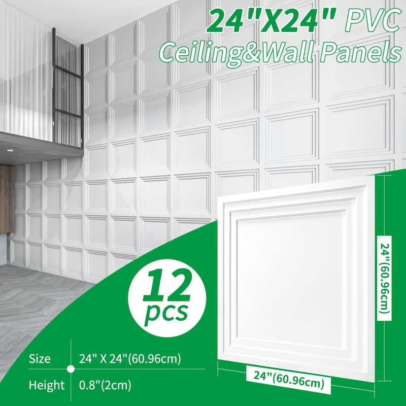 Atr3d 12pcs 24"x24" PVC 3D Wall Panel Ceiling Tile White or Black Cover 48 Sq.Ft.