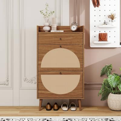 Rattan 2 Door 1 Drawer Shoes Cabinet, Shoe Rack, Double Layer, Suitable for Entrance