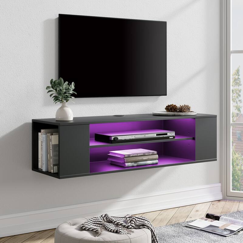 3-Tier Floating TV Stand with Adjustable Shelves for Living Room, Black