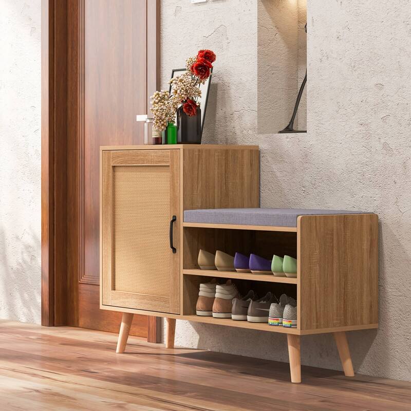 Costway 2-in-1 Rattan Shoe Cabinet with Bench 3 Adjustable Shelves & - See Details