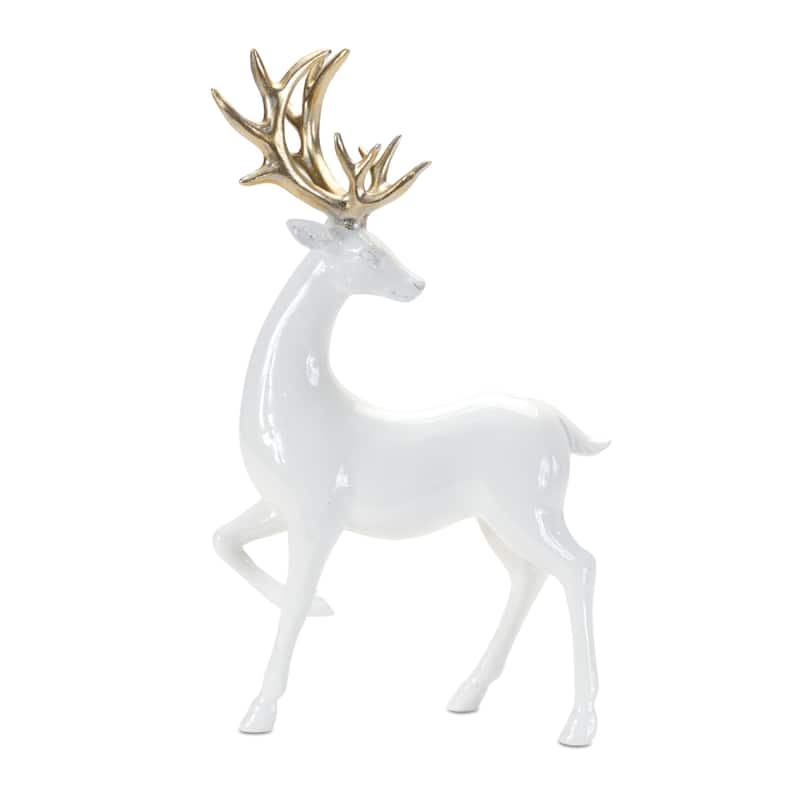 Set of 3 Winter Deer Figurines with White Bodies and Gold Antlers for Christmas Tabletop Decor - 8.5"H, 12"H, 12.5"H