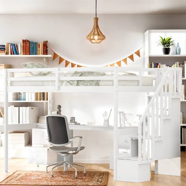 slide 2 of 24, Solid Pine Wood Frame Loft Bed With Underneath Space And Stable Staircase, Twin Size Loft Bed With Desk And Drawers White