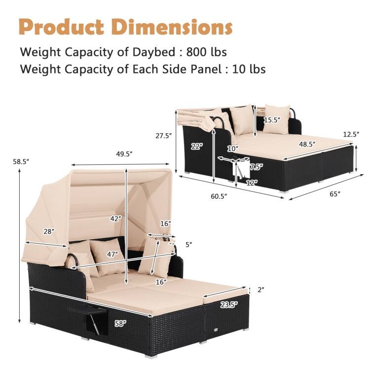 Outdoor Patio Daybed with Canopy and Foldable Side Trays - 65" x 60.5 x 58.5"