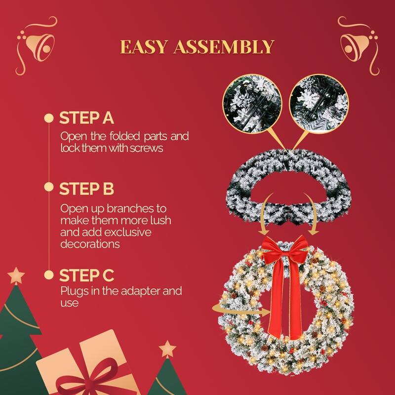 Pre-lit Snow Flocked Christmas Wreath, Lighted Artificial Xmas Wreath with Lights and DIY Ornaments, for Xmas Party Decorations