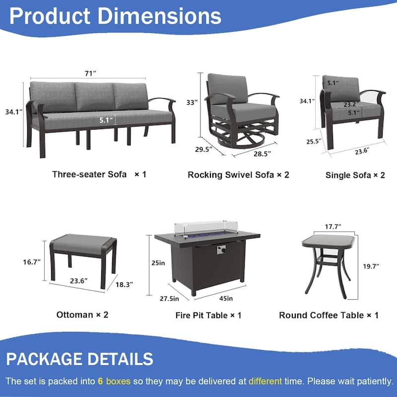 Aluminum Patio Furniture Set with Fire Pit, Ottomans & Rocking-Swivel Chairs, Modular Sofa with Thick Cushions