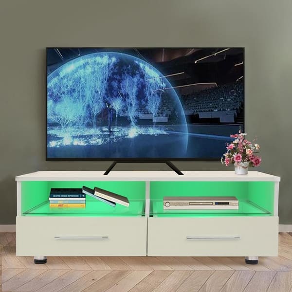 Modern TV Unit 100cm White High Gloss 2 Drawers Stand LED