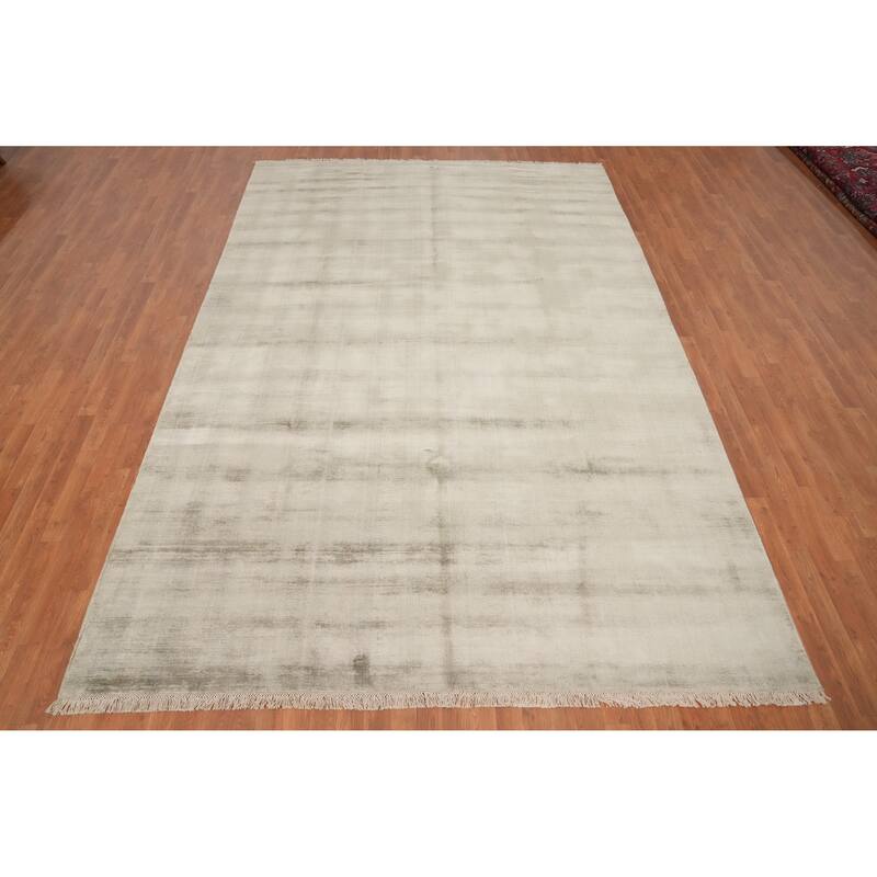 Hand Knotted Oriental Viscose Silk Carpet Modern Modern Beige & Ivories Abstract Area Rug - 11' 9'' X 8' 1''