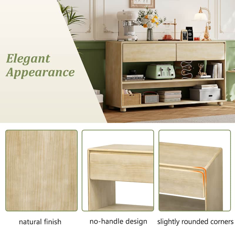 3-Tier Console Table, Pine Veneer Entryway Table with Drawers and Open Storage Shelf, Hallway Table with Solid Wood Legs