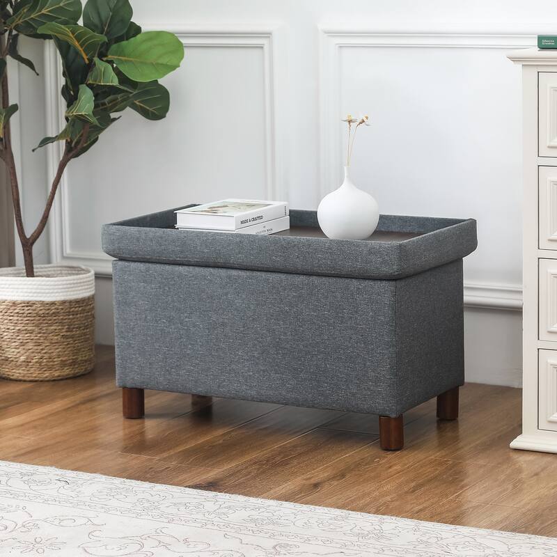 Adeco 30 Inches Storage Ottoman Bench for Living Room - Light Grey