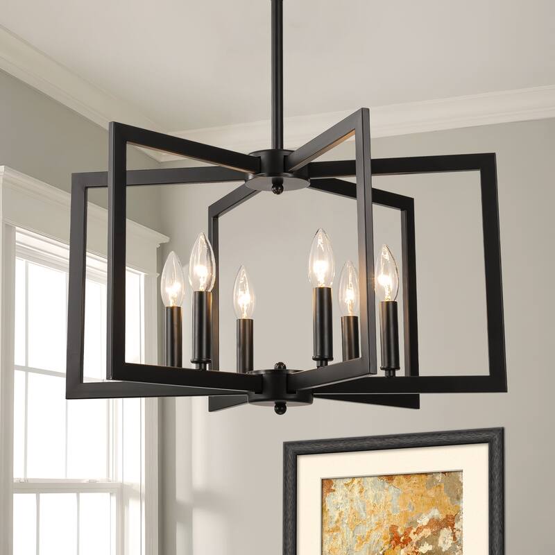 Starsky 6-Light 21in. Modern Farmhouse Unique Ceiling Lights Geometric Lantern Chandelier - Black - 6-Light