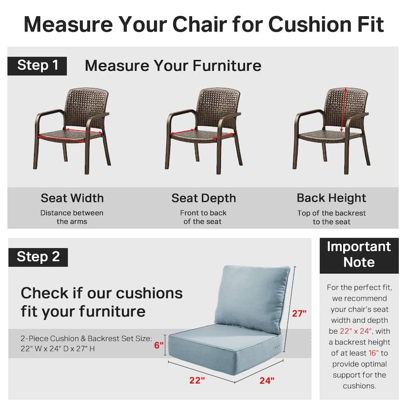 22" W x 24" D x 6" T Water & Fade Resistant Outdoor Lounge Chair Replacement Cushion Set