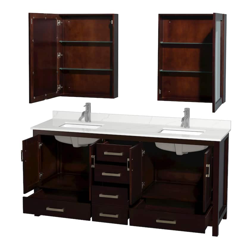 Sheffield 72-inch Double Vanity, Single Hole Quartz Top, Med Cabinets