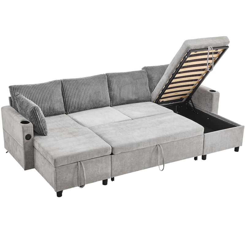 111.8" Chenille Sectional Sleeper Sofa U-Shaped Convertible Sofa Bed with Storage Chaise and USB Ports