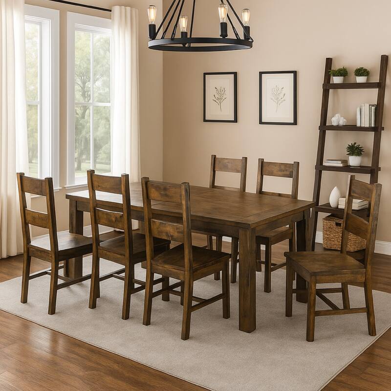 Caly 7pc Rectangular Dining Table Set, 6 Ladderback Side Chairs, Rustic Golden Brown