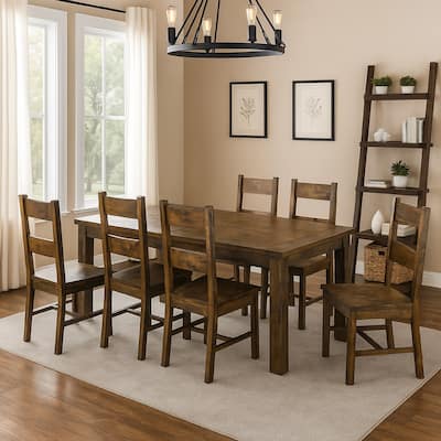 Caly 7pc Rectangular Dining Table Set, 6 Ladderback Side Chairs, Rustic Golden Brown