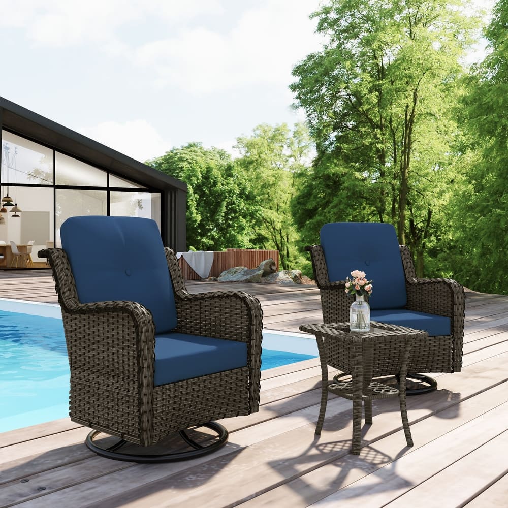 3-Piece Patio Rattan Swivel Cushioned Rocking Chair Set With Side Table