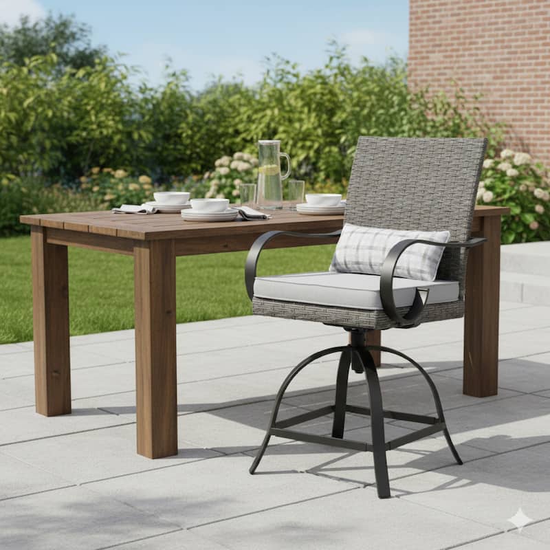 Leki Swivel Counter Height Chair Set of 2, Gray Rattan, Black Metal