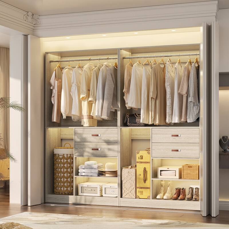 40'' Large Closet System with Shelves and 2 Drawers, Freestanding Closet Organizer with Hanging Rods - 2pcs - Washed Oak