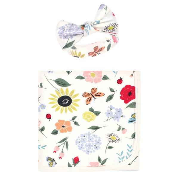 slide 1 of 1, Touched by Nature Baby Girl Organic Cotton Swaddle Blanket and Headband or Cap, Flutter Garden, One Size One Size - Flutter Garden