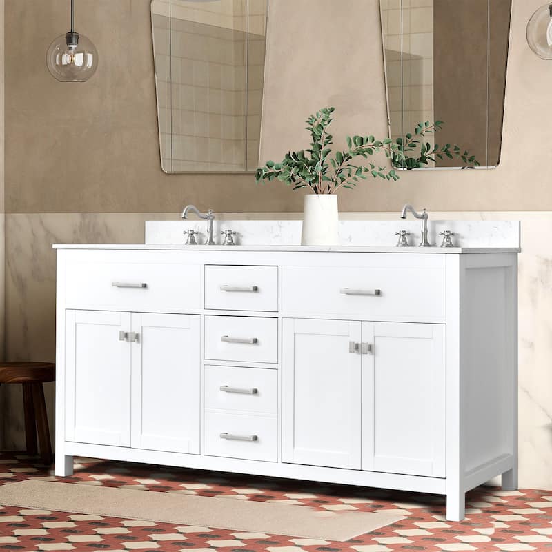 Prismatica Double Sinks Bathroom Vanity 72 in White, Marble Top & Splash