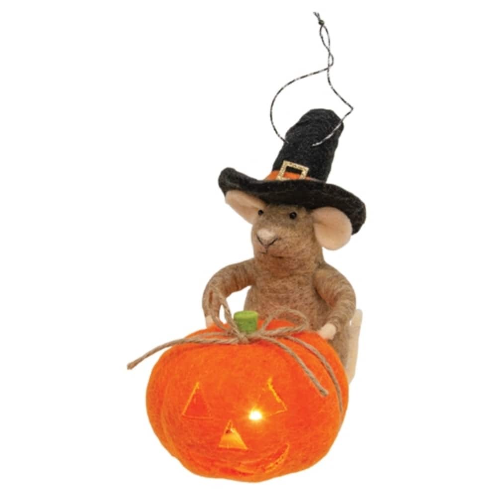Halloween Mouse Felted Ornament with LED Jack O Lantern - 6" H x 6" W x 3.5" D