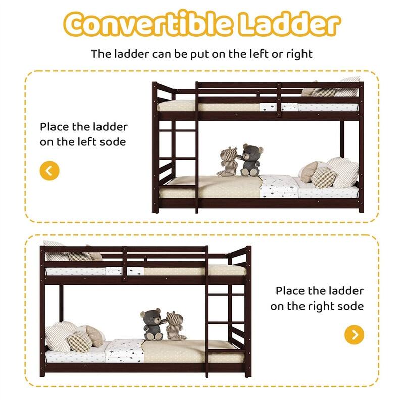 Kids Low Floor Bunk Bed Twin Over Twin With Guard Rails And Stairs