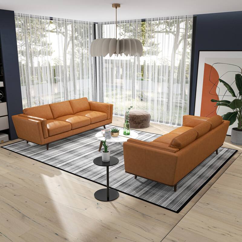 Florencia Mid Century Pillow Back Leather Sofa Set in Tan