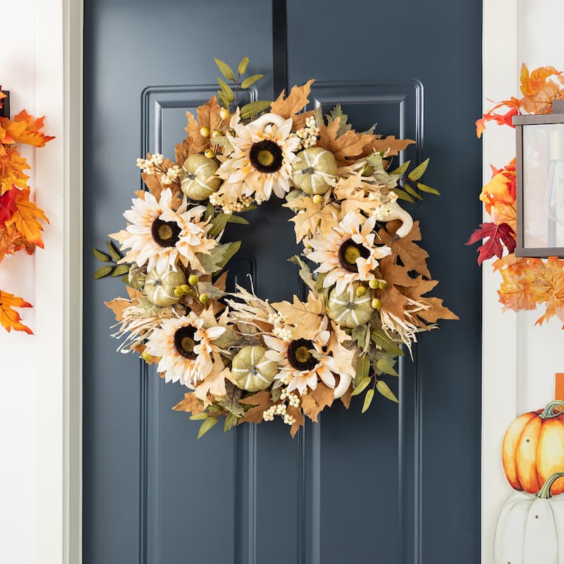 Glitzhome Fall Sunflower Pumpkin Floral Aritificial Garland or Swag Wreath with Free Hanger - Wreath