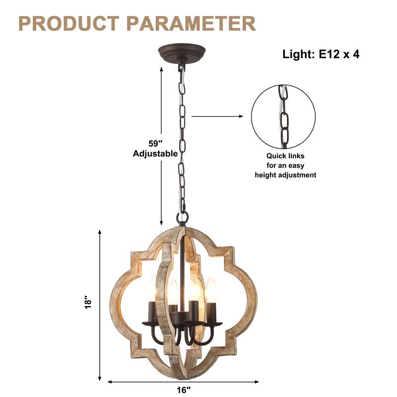 Bella Depot 16" 4-Light Distressed Wood Chandelier Adjustable Pendant Light for Dining Room Bedroom