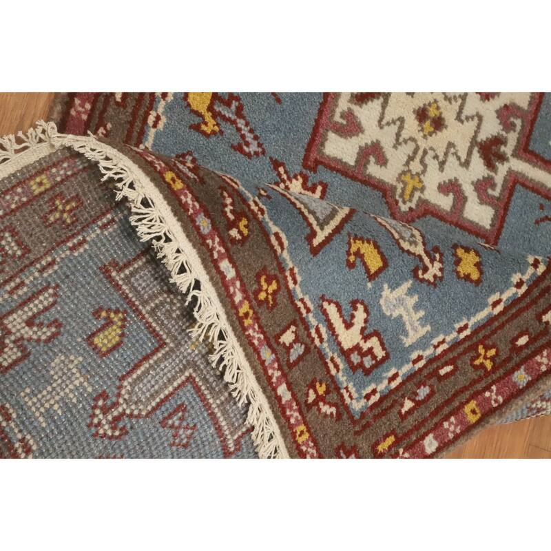 Hand-knotted Traditional Wool Blue Geometric Oriental Area Rug - 9' 8'' X 2' 6''