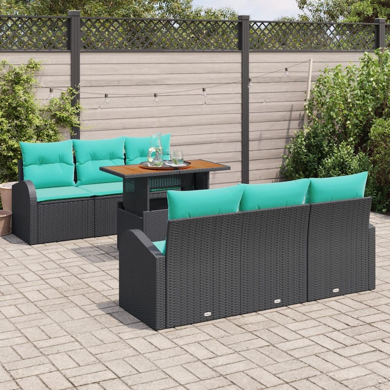 vidaXL 7 Piece Garden Sofa Set with Cushions Black Poly Rattan - 70.5×24.4×27.2