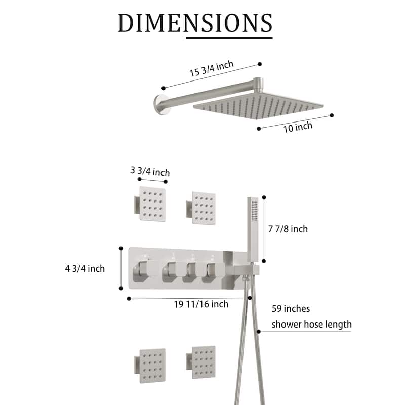 Thermostatic Shower System with 10" Ultra-Thin Square Shower Head,Body Jets And Hand Shower