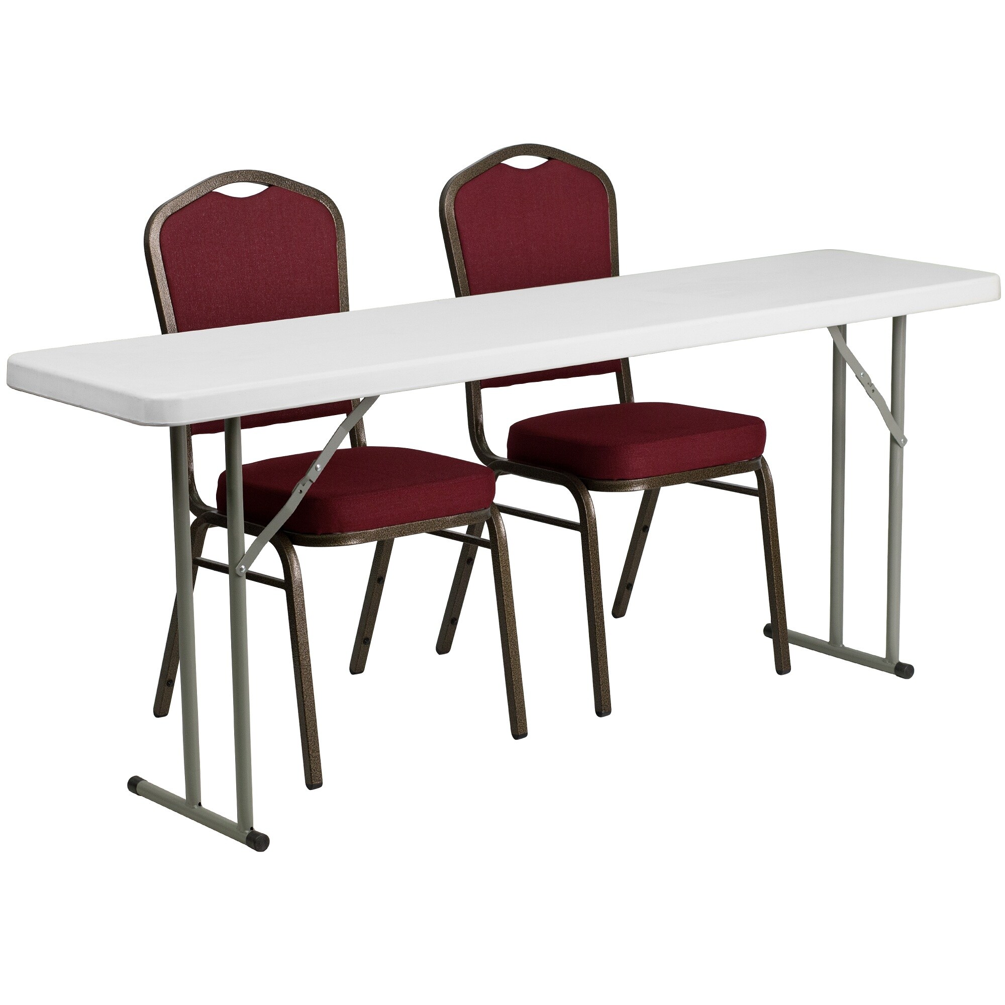 3 White Red Plastic Training Table Crown Back Stackable Chairs 72"
