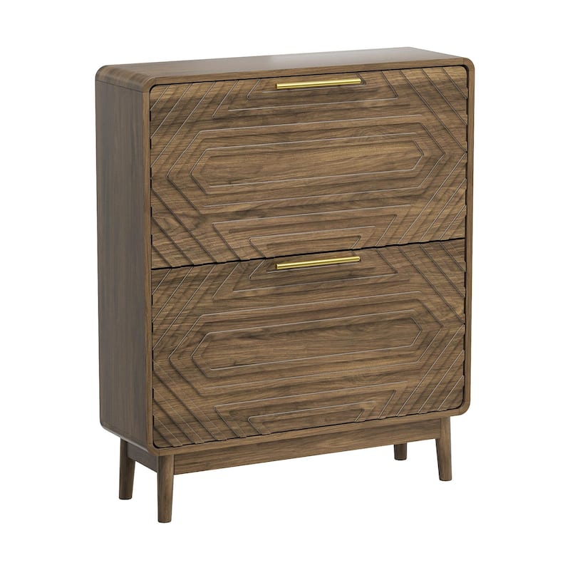 Mid-Century Modern 31.5" Walnut Shoe Cabinet – Freestanding Organizer Equipped With 2 Flip-Top Drawers.