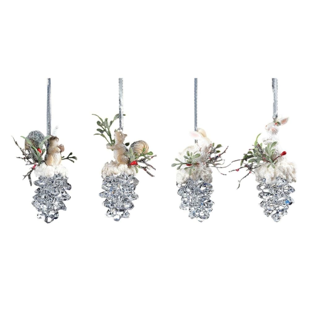 16 Icy Crystal Christmas Squirrel & Rabbit Pinecone Ornaments 3.6"