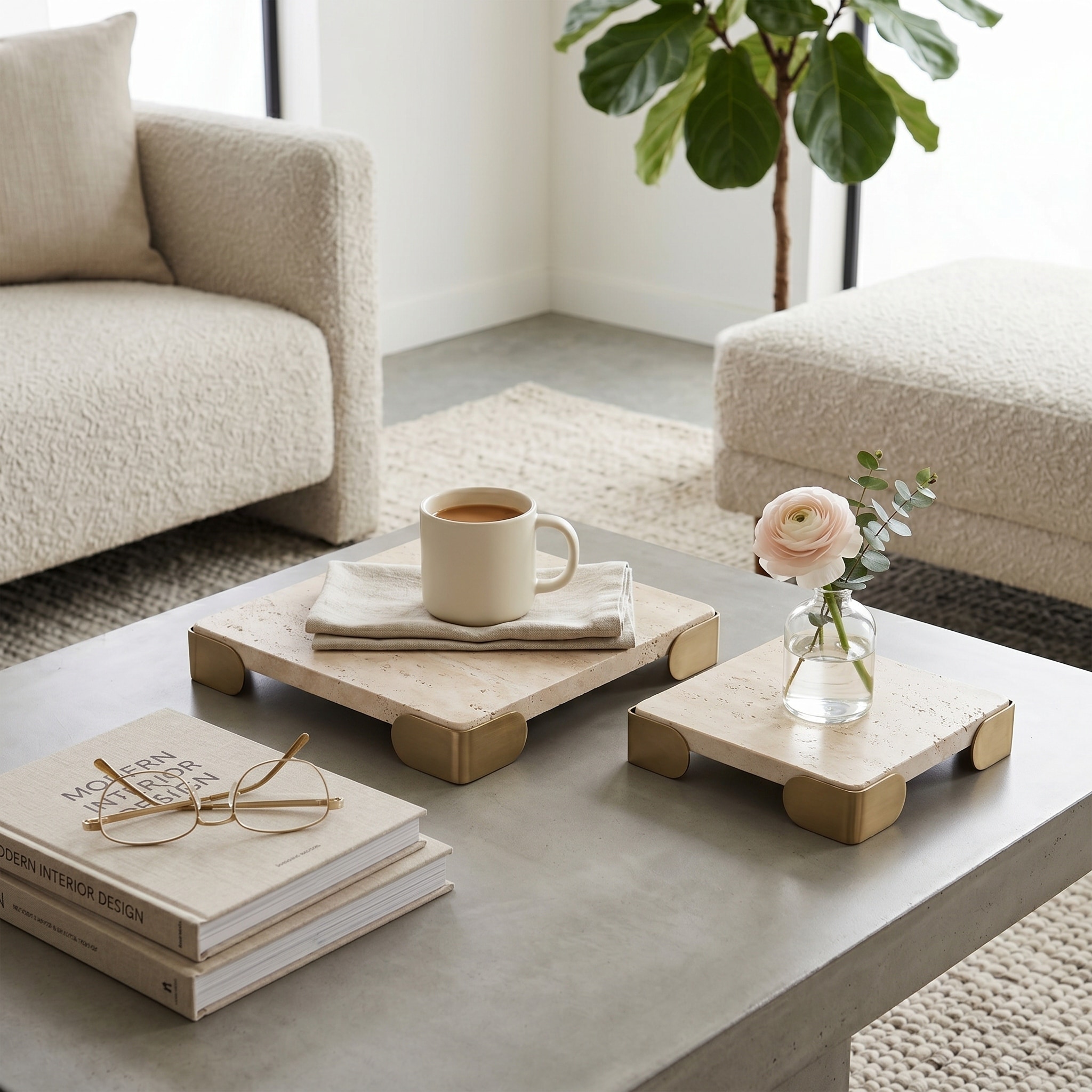 Decorative Stone and Metal Accent Tray - Set of 2, 8", 6" - 8.0"
