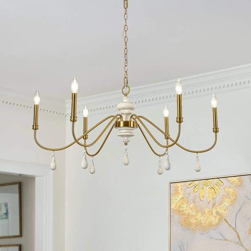 Mid-Century Aged Brass 6-Light Wide Candle Style Chandelier 38in - Brass