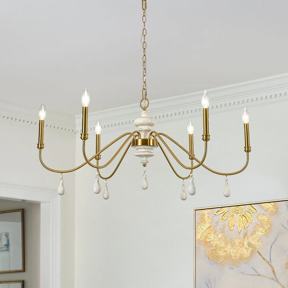 Mid-Century Aged Brass 6-Light Wide Candle Style Chandelier 38in